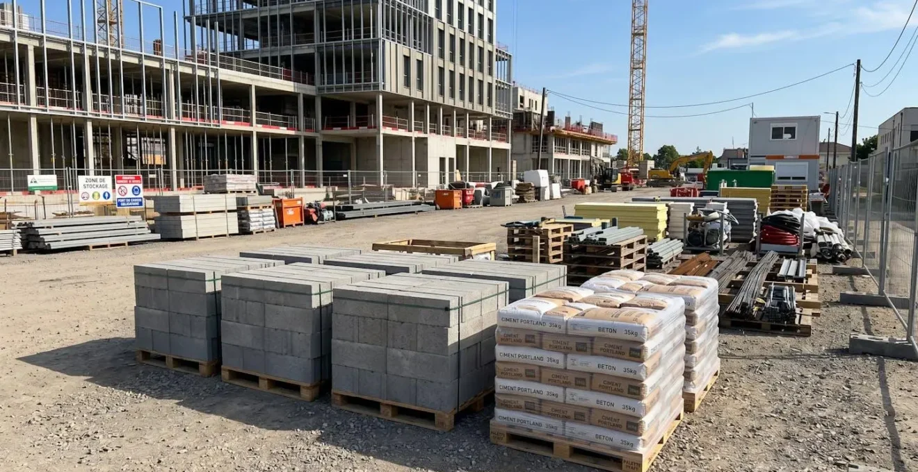 Chantier de construction neuve en phase gros œuvre avec palettes de parpaings et sacs de ciment empilés sous un ciel dégagé