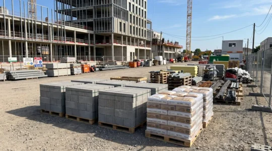 Chantier de construction neuve en phase gros œuvre avec palettes de parpaings et sacs de ciment empilés sous un ciel dégagé