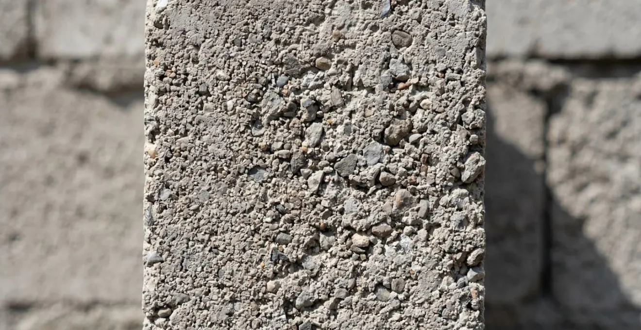 Gros plan macro sur la texture détaillée d'un bloc de parpaing en béton posé sur une surface de chantier propre avec arrière-plan flouté