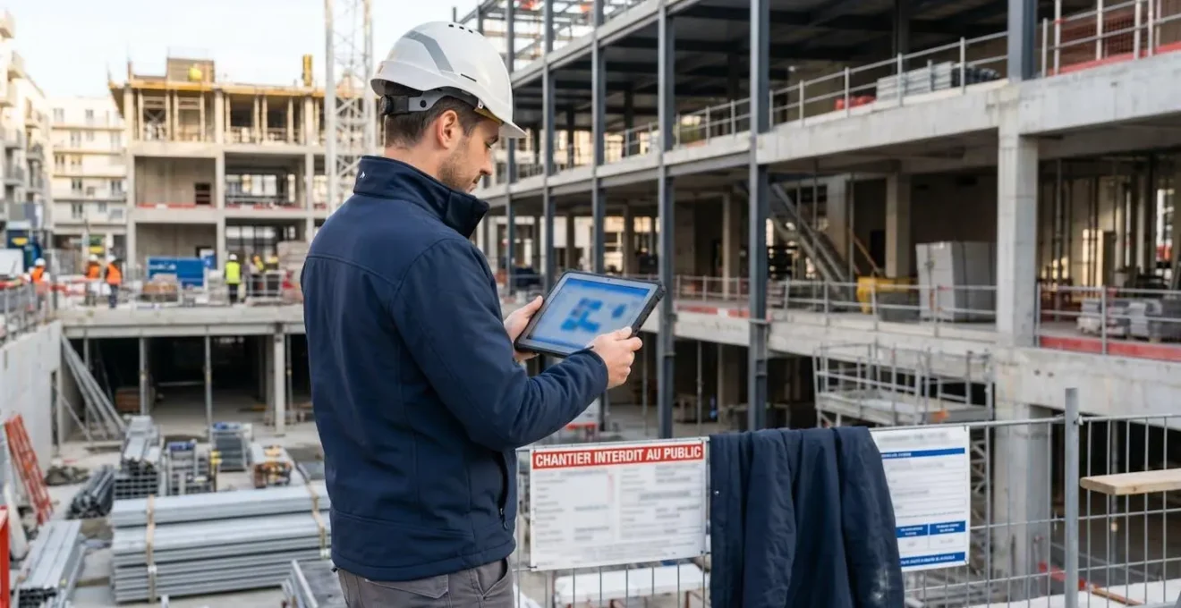 Professionnel du bâtiment en vêtements de chantier moderne consultant des plans de construction sur une tablette, photographié de profil sur un chantier en plein air