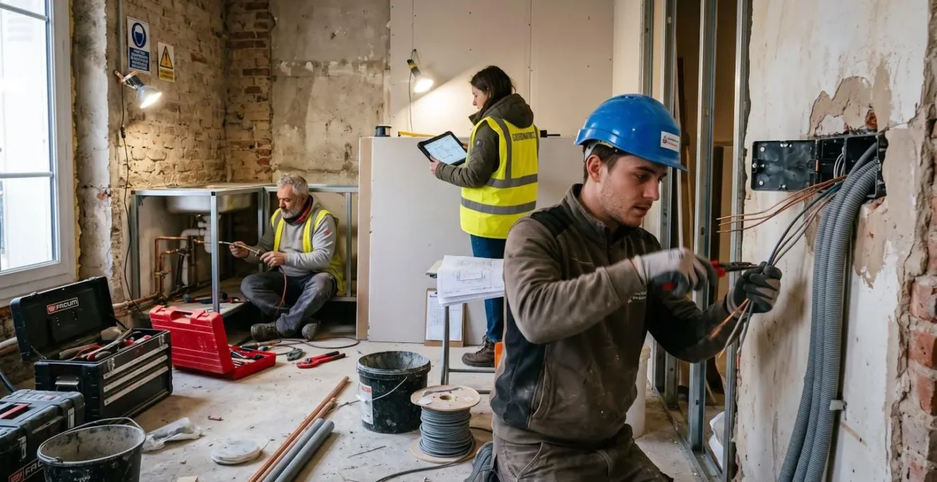 Chantier cuisine actif avec électricien au premier plan, plombier en arrière-plan et courtier superviseur avec tablette, illustrant la coordination professionnelle multi-métiers