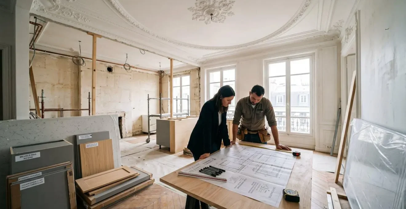 Chantier de rénovation cuisine dans appartement haussmannien parisien avec courtier consultant des plans techniques auprès d'un artisan, matériaux neufs au premier plan et cuisine partiellement démontée en arrière-plan