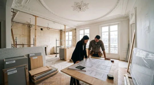 Chantier de rénovation cuisine dans appartement haussmannien parisien avec courtier consultant des plans techniques auprès d'un artisan, matériaux neufs au premier plan et cuisine partiellement démontée en arrière-plan