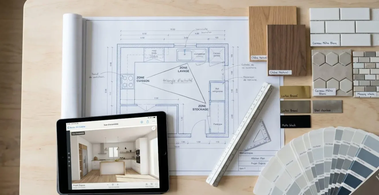 Plan de cuisine avec triangle d'activité tracé entre cuisson, lavage et stockage, échantillons de matériaux et nuancier disposés sur table de travail d'architecte